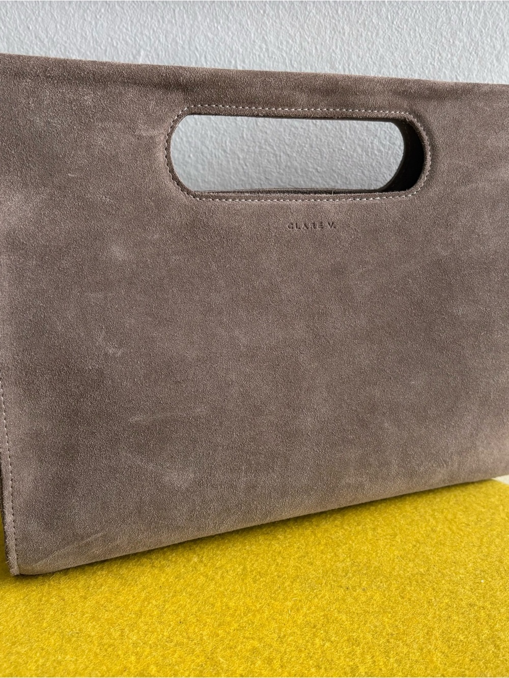 Clare V. Petit Maude Maison Mushroom Taupe Gray Suede Clutch Bag 12” x 9.5” x 5” - Picture 11 of 14